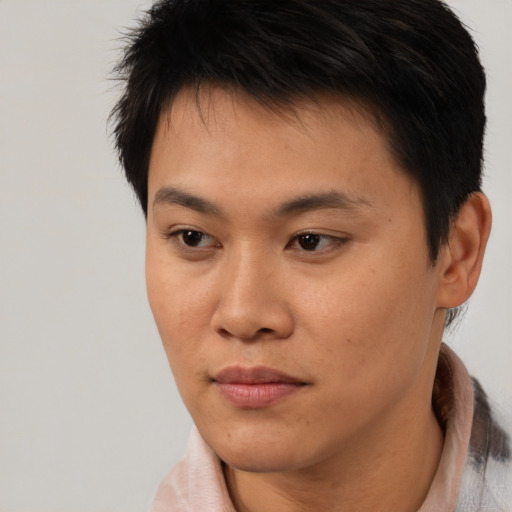Neutral asian young-adult male with short  brown hair and brown eyes