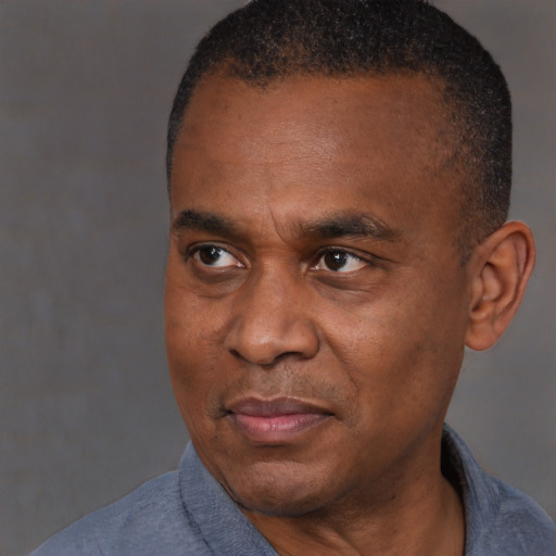 Joyful black adult male with short  black hair and brown eyes