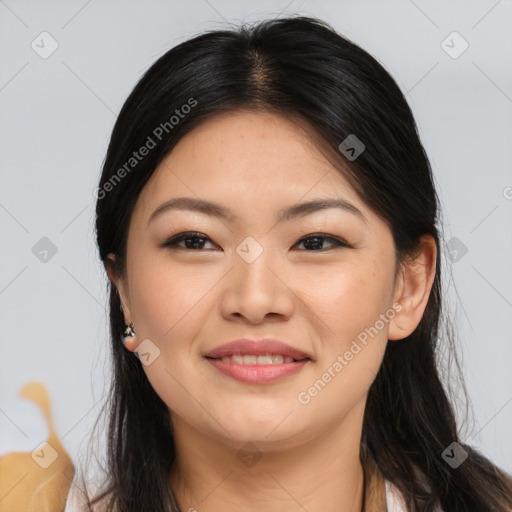 Joyful asian young-adult female with long  brown hair and brown eyes