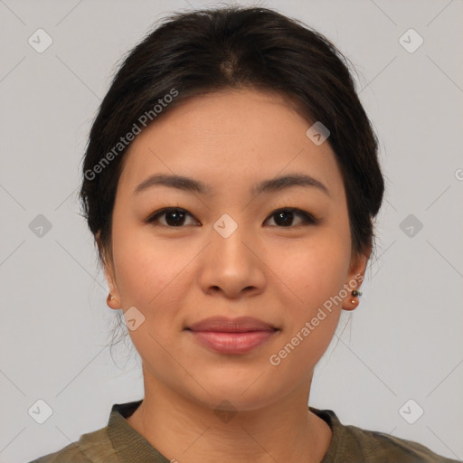 Joyful asian young-adult female with medium  brown hair and brown eyes