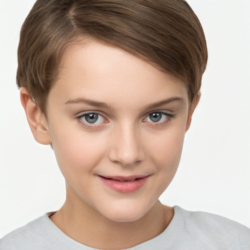 Joyful white child female with short  brown hair and brown eyes