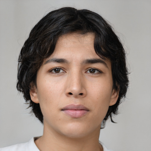 Neutral asian young-adult female with medium  brown hair and brown eyes