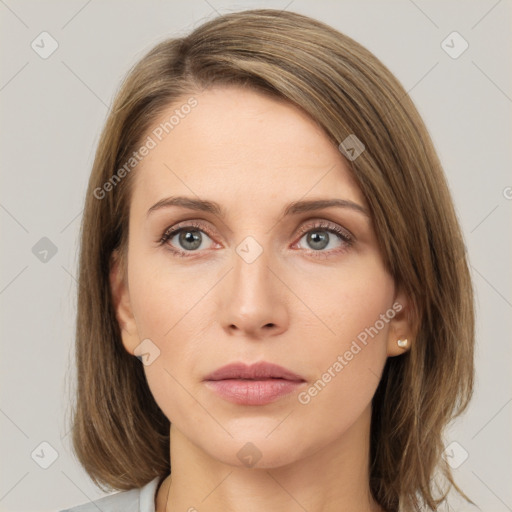 Neutral white young-adult female with medium  brown hair and grey eyes