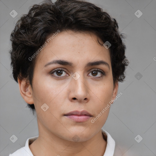 Neutral white young-adult female with short  brown hair and brown eyes