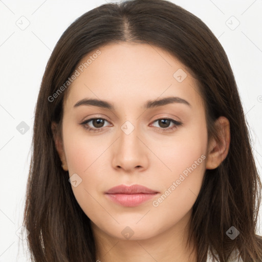 Neutral white young-adult female with long  brown hair and brown eyes