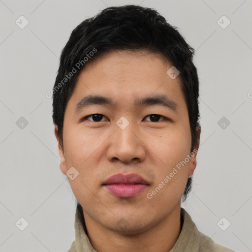 Neutral asian young-adult male with short  black hair and brown eyes