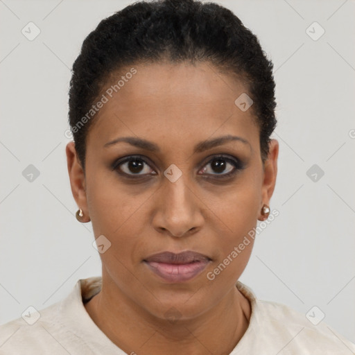 Joyful black young-adult female with short  brown hair and brown eyes