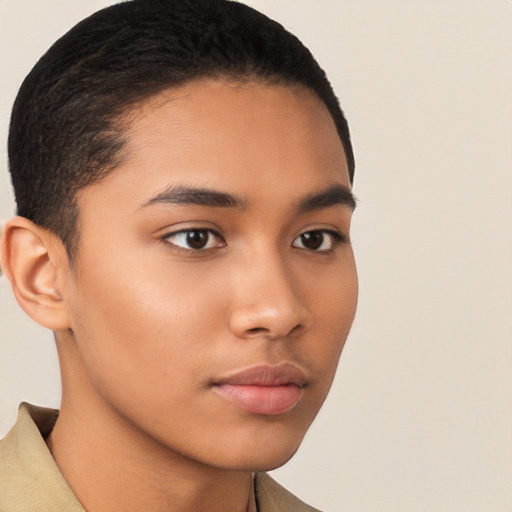 Neutral latino young-adult male with short  brown hair and brown eyes