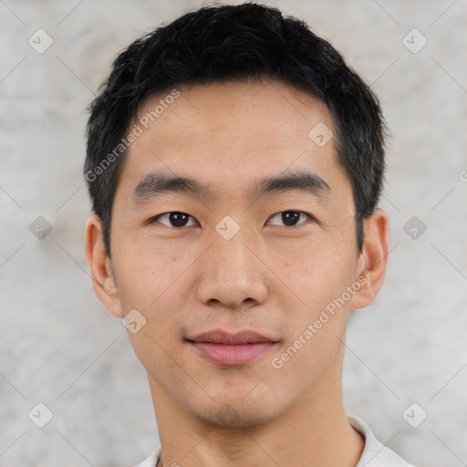 Neutral asian young-adult male with short  black hair and brown eyes