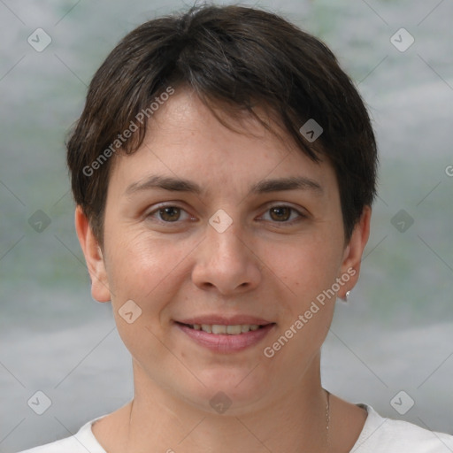 Joyful white young-adult female with short  brown hair and brown eyes