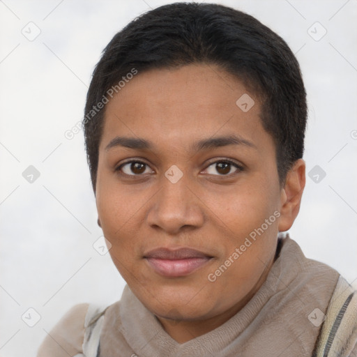 Joyful latino young-adult female with short  brown hair and brown eyes