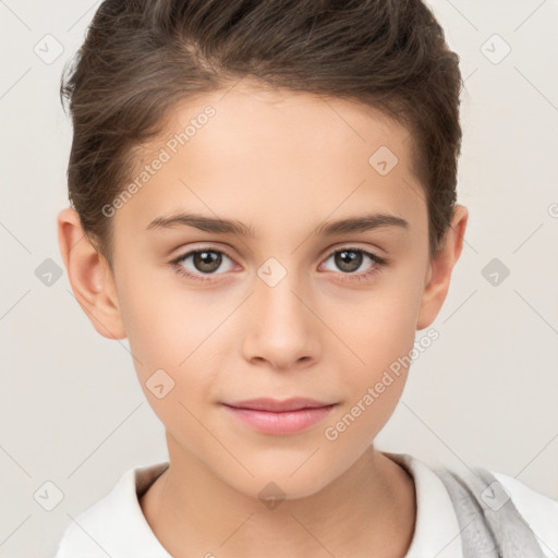 Joyful white child female with short  brown hair and brown eyes