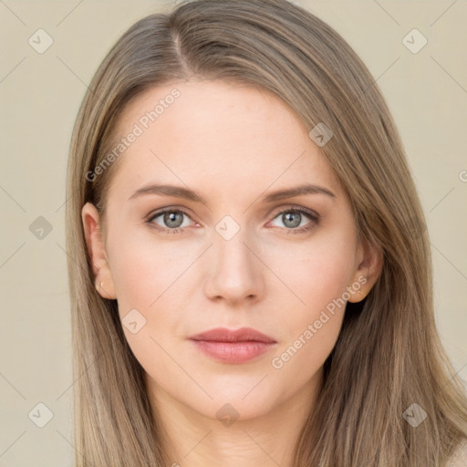 Neutral white young-adult female with long  brown hair and brown eyes