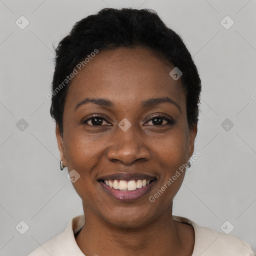 Joyful black young-adult female with short  black hair and brown eyes