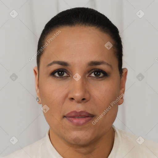 Neutral black young-adult female with short  black hair and brown eyes