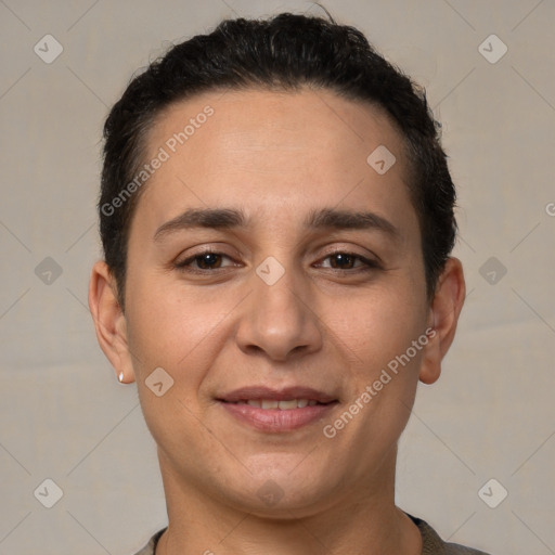 Joyful white young-adult female with short  brown hair and brown eyes