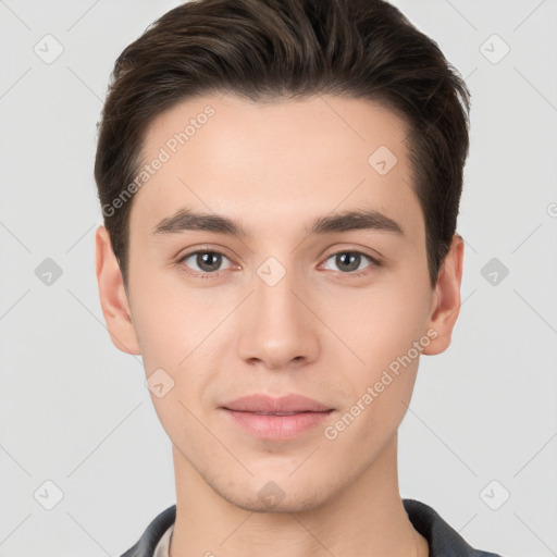 Neutral white young-adult male with short  brown hair and brown eyes