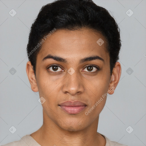 Joyful latino young-adult female with short  black hair and brown eyes