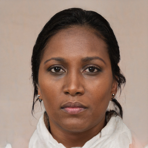 Neutral black adult female with medium  black hair and brown eyes