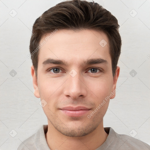 Neutral white young-adult male with short  brown hair and brown eyes