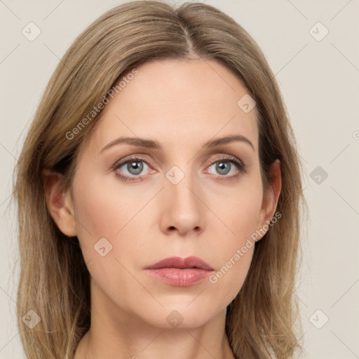 Neutral white young-adult female with long  brown hair and grey eyes