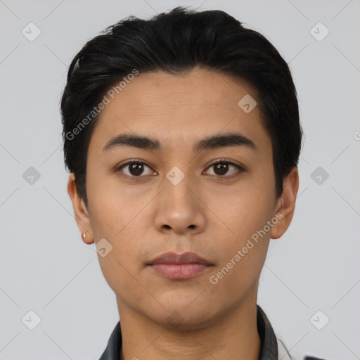 Neutral asian young-adult male with short  black hair and brown eyes