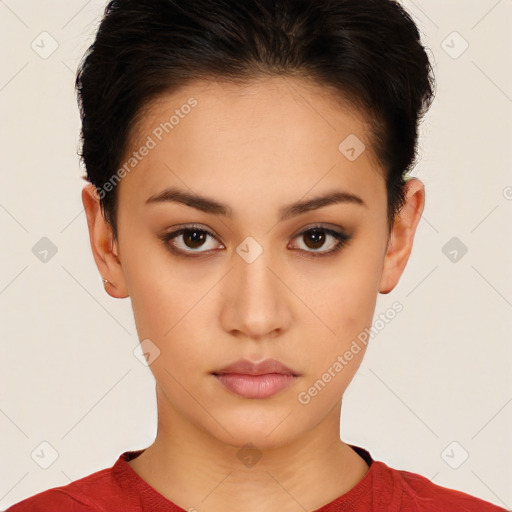 Neutral white young-adult female with short  brown hair and brown eyes