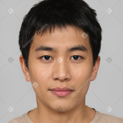 Neutral asian young-adult male with short  black hair and brown eyes