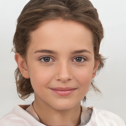 Joyful white child female with medium  brown hair and brown eyes