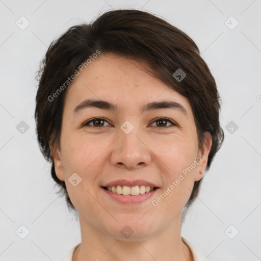 Joyful white young-adult female with medium  brown hair and brown eyes