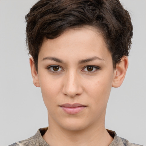 Neutral white young-adult female with short  brown hair and brown eyes