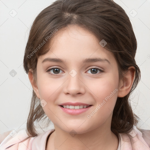 Joyful white child female with medium  brown hair and grey eyes