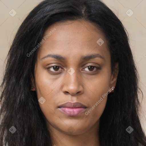 Joyful latino young-adult female with long  brown hair and brown eyes