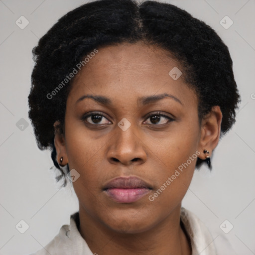 Neutral black young-adult female with short  black hair and brown eyes