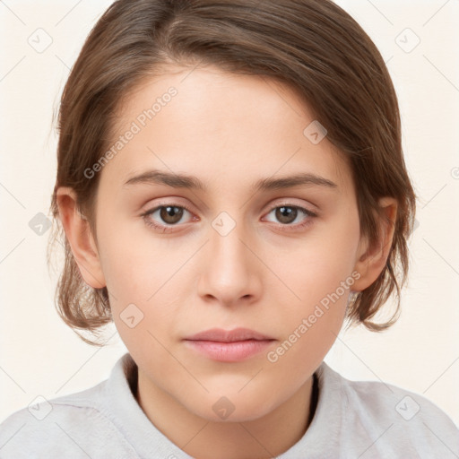 Neutral white young-adult female with medium  brown hair and brown eyes