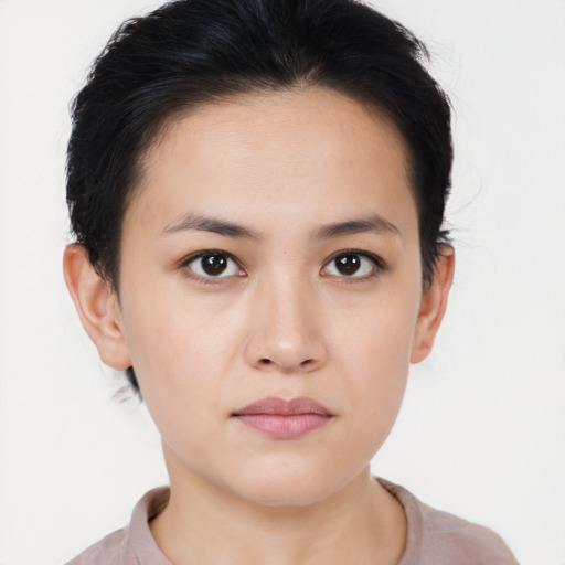 Neutral asian young-adult female with short  brown hair and brown eyes