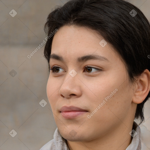 Neutral white young-adult female with medium  brown hair and brown eyes