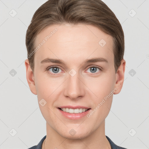 Joyful white young-adult female with short  brown hair and grey eyes