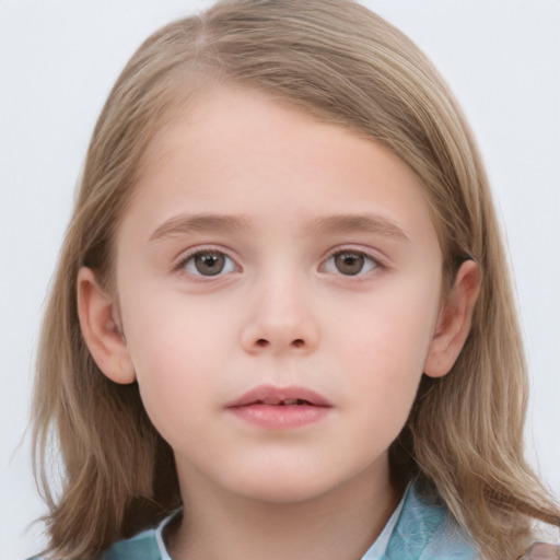 Neutral white child female with medium  brown hair and grey eyes