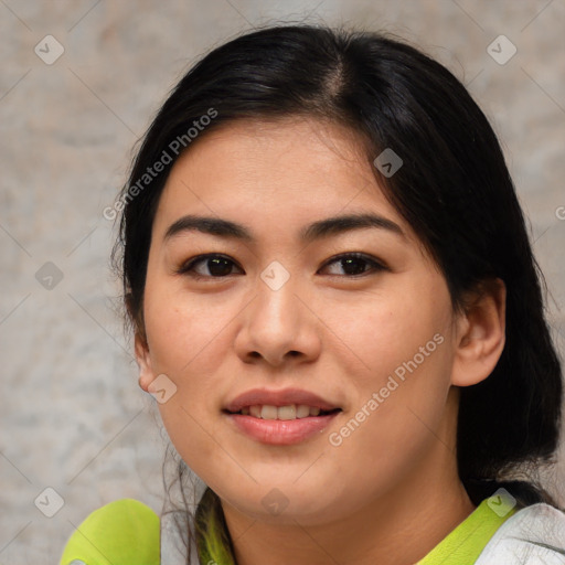 Joyful asian young-adult female with medium  brown hair and brown eyes