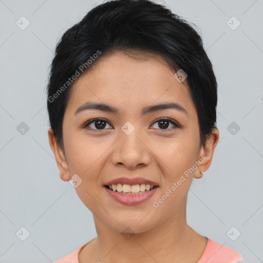 Joyful asian young-adult female with short  black hair and brown eyes