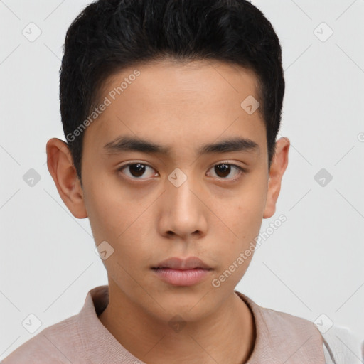 Neutral asian young-adult male with short  black hair and brown eyes