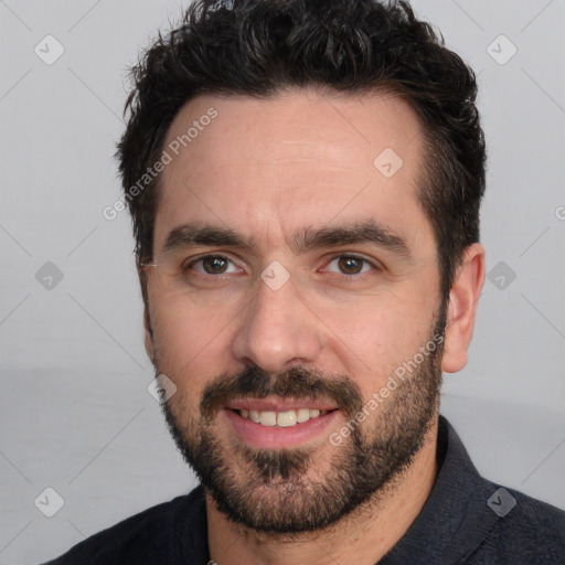 Joyful white young-adult male with short  black hair and brown eyes