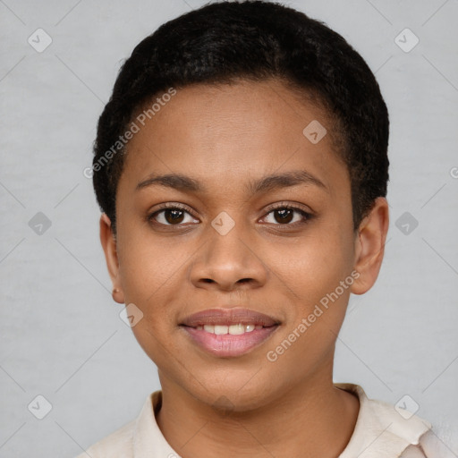 Joyful black young-adult female with short  brown hair and brown eyes