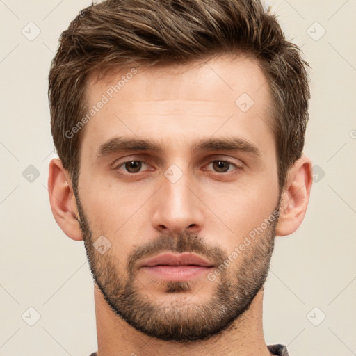 Neutral white young-adult male with short  brown hair and brown eyes