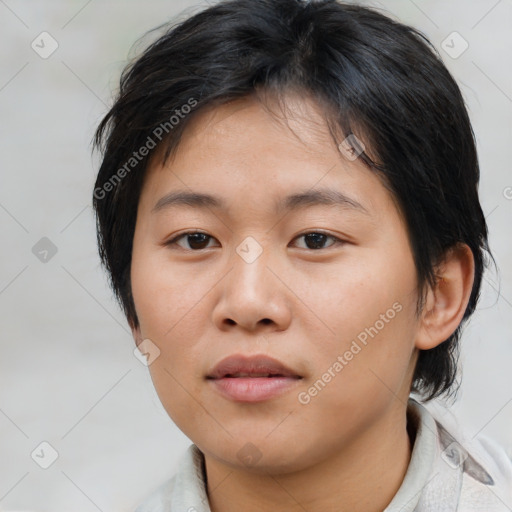 Neutral asian young-adult female with medium  brown hair and brown eyes