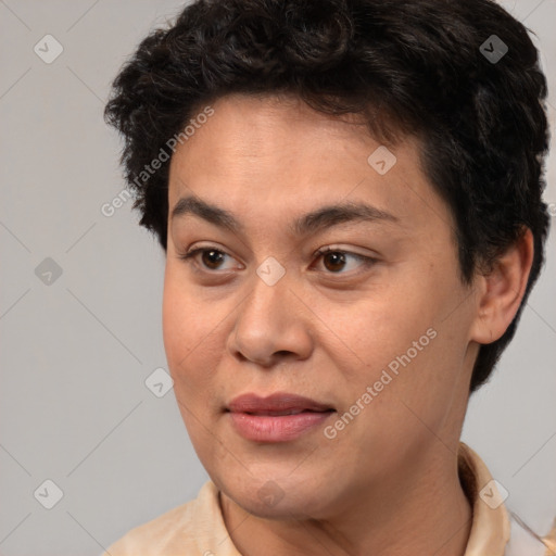 Joyful white adult female with short  brown hair and brown eyes