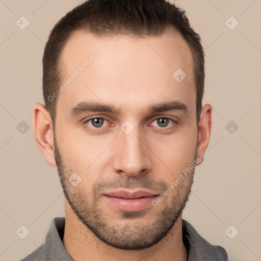 Neutral white young-adult male with short  brown hair and brown eyes