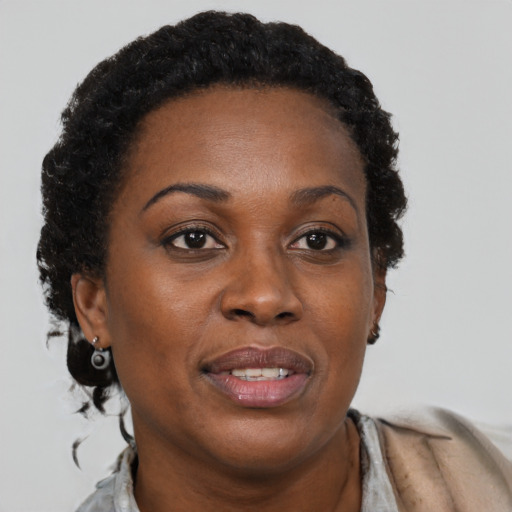 Joyful black adult female with short  brown hair and brown eyes