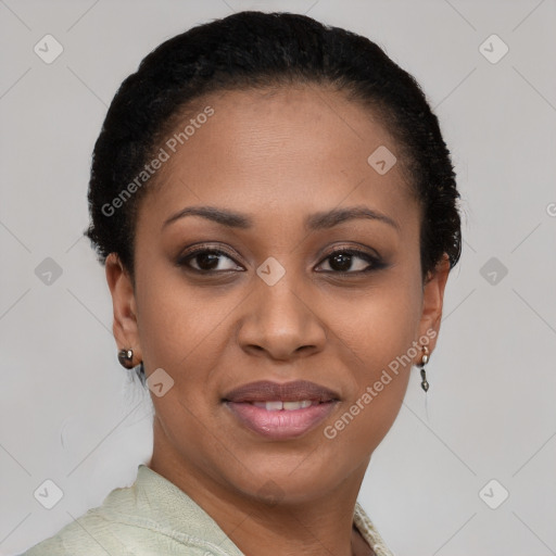 Joyful black young-adult female with short  brown hair and brown eyes